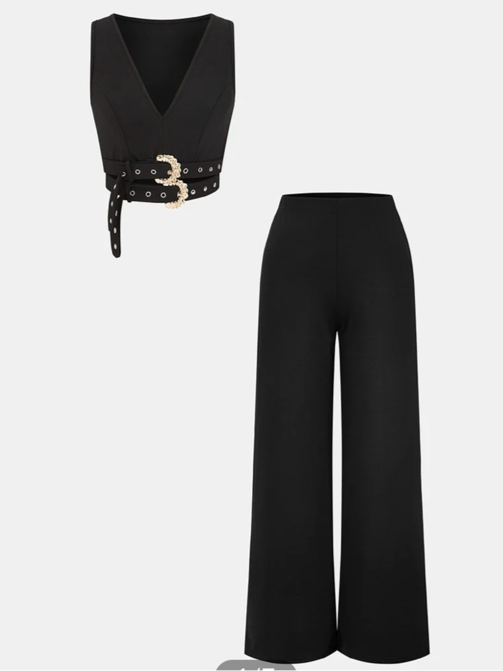 New Black Wide-Leg Pants with V-Neck Buckled Crop Top Commense
